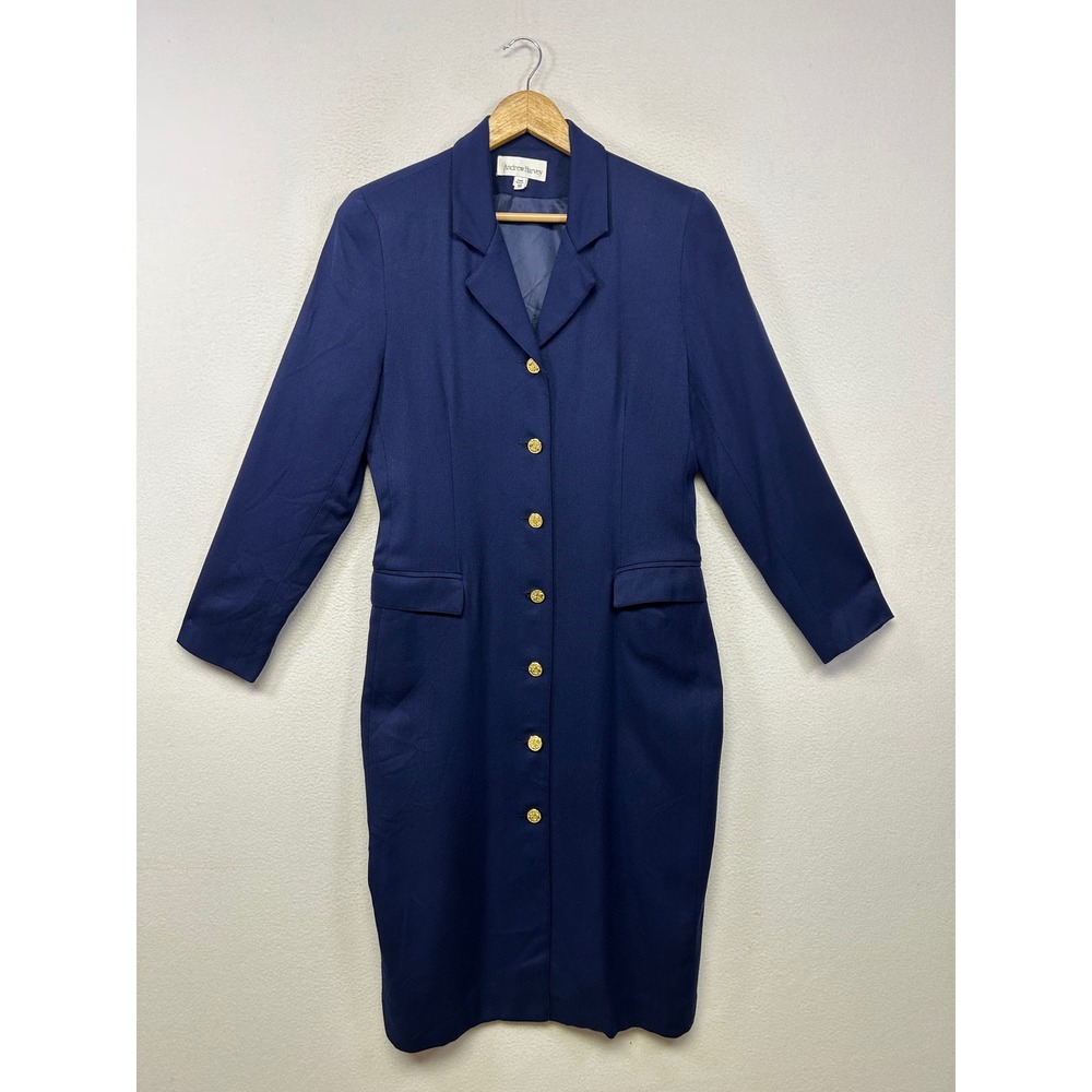 Vintage Andrew Harvey Women 10 Navy Blue Gold Button Chevron Blazer Dress